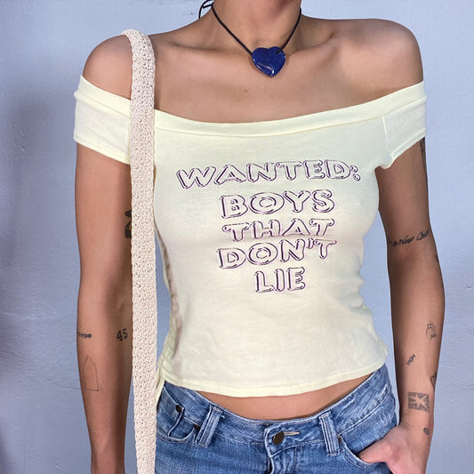 Vintage 2000's Soft Girl Butter Yellow Off Shoulder Top with Pink Writing Print (S)