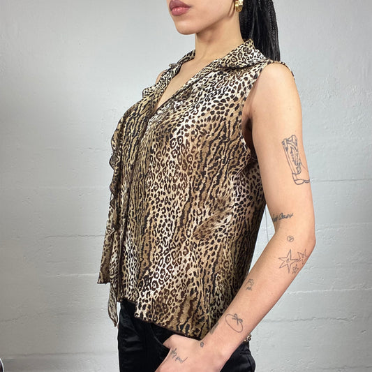Vintage 2000's Mob Wife Brown Frilled Blouse Top with Cheetah Print (M)