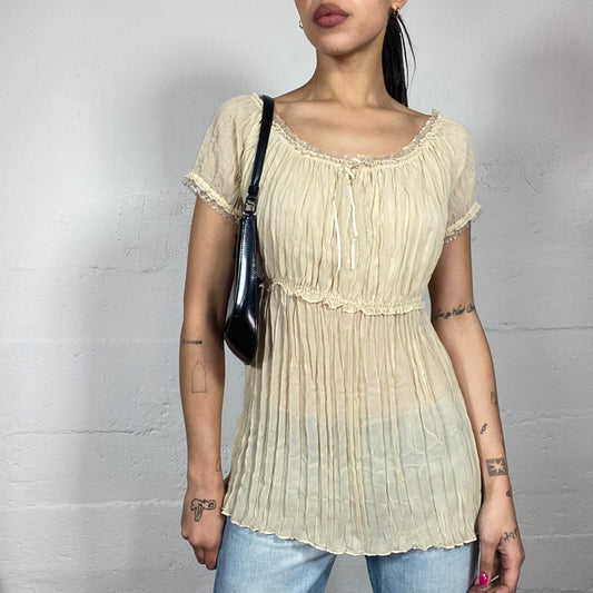 Vintage 2000's Fairy Girl Beige Mesh Drapped Top with Pleaded Detail (M)