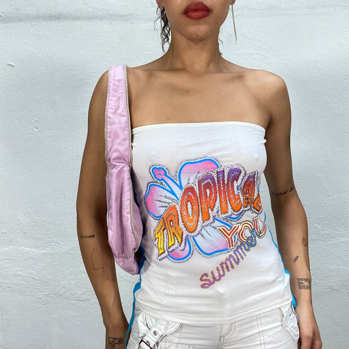 Vintage 2000's Summer White Tube Top with Multi Coloured "Tropical Summer" Print (M)