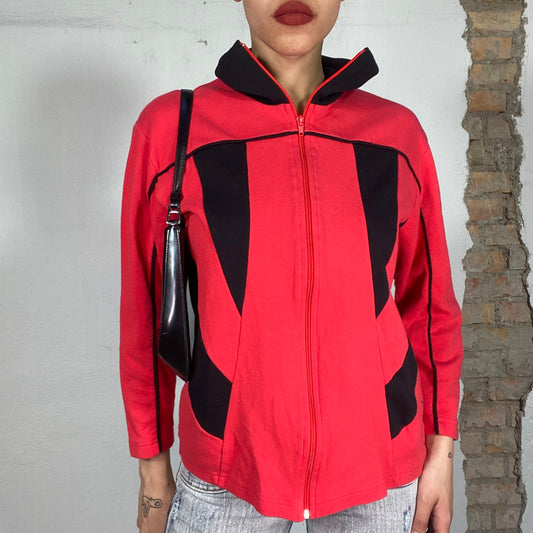 Vintage 90's Streetstyle Red Zip Up Sweater with Black Stripe Details (M)