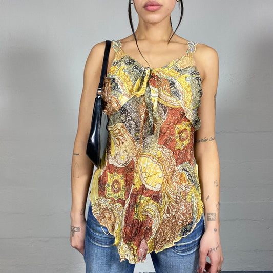 Vintage 2000's Boho Girl Beige & Orange Blouse Top with Mixed Ethnic Print (M)