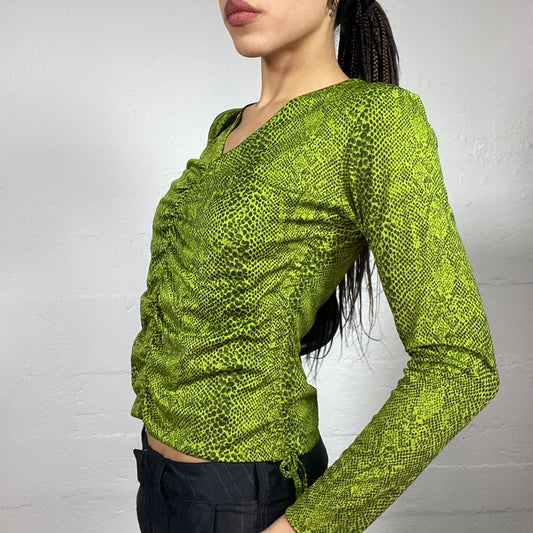 Vintage 2000's Rave Green Longsleeve Top with Ruched Front and Serpent Print (M)