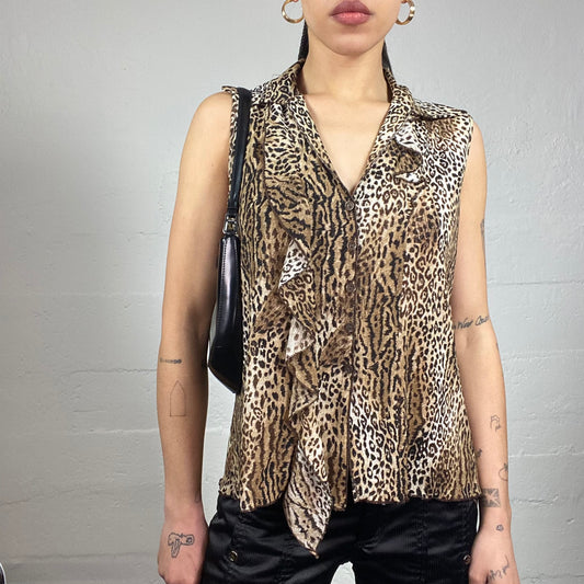 Vintage 2000's Mob Wife Brown Frilled Blouse Top with Cheetah Print (M)