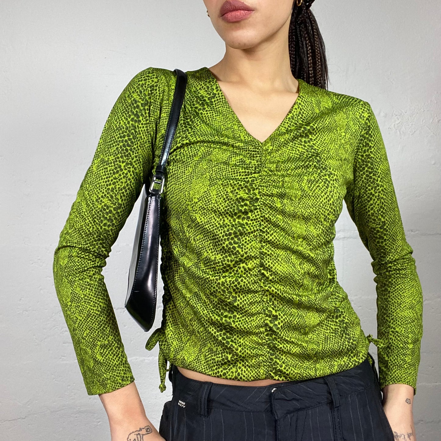 Vintage 2000's Rave Green Longsleeve Top with Ruched Front and Serpent Print (M)