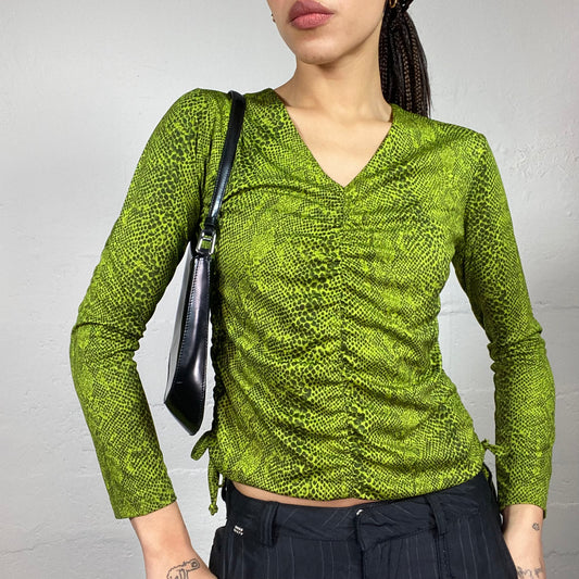 Vintage 2000's Rave Green Longsleeve Top with Ruched Front and Serpent Print (M)