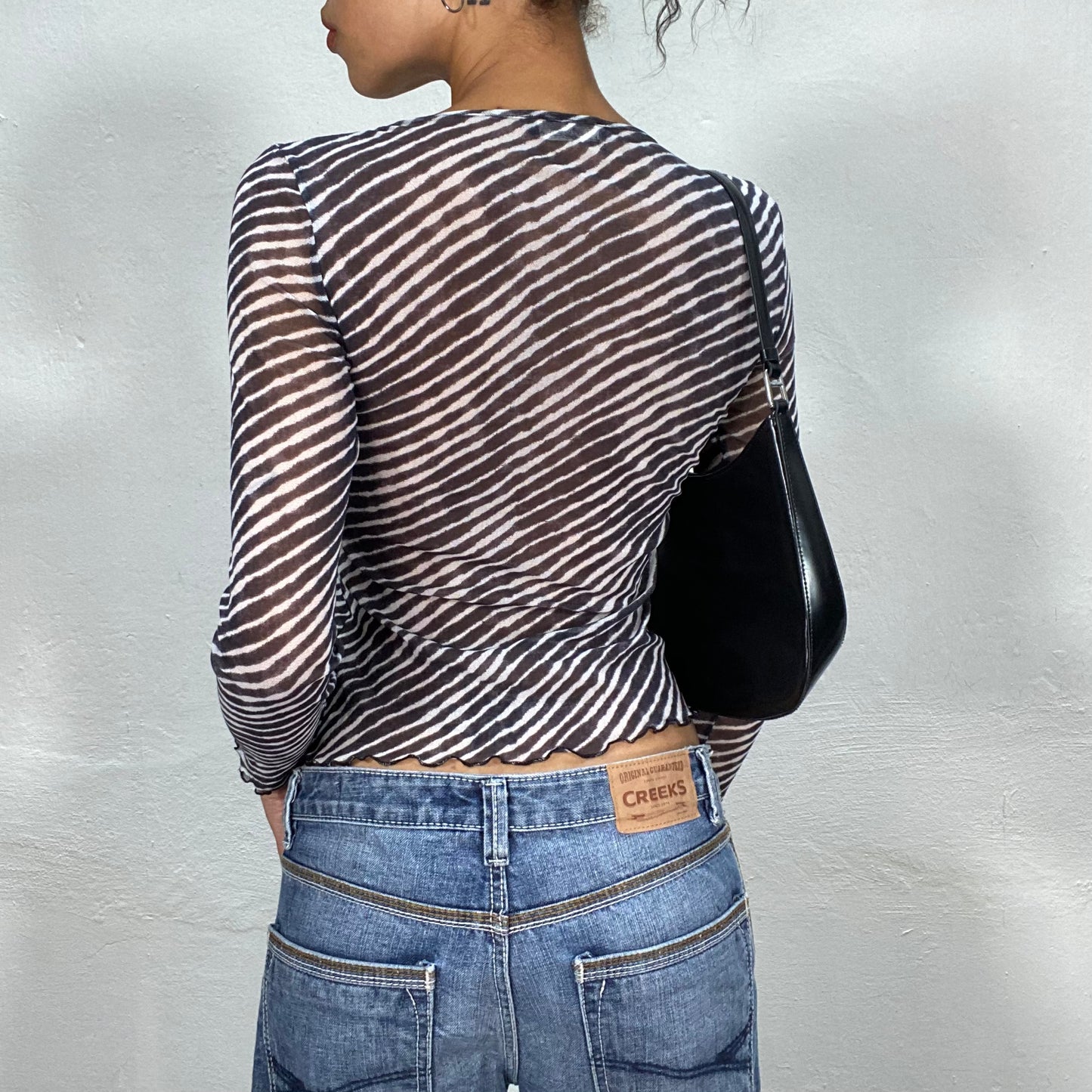 Vintage 90's Downtown Girl Black and White Diagonal Stripe Mesh Blouse with Ring Detail (S)