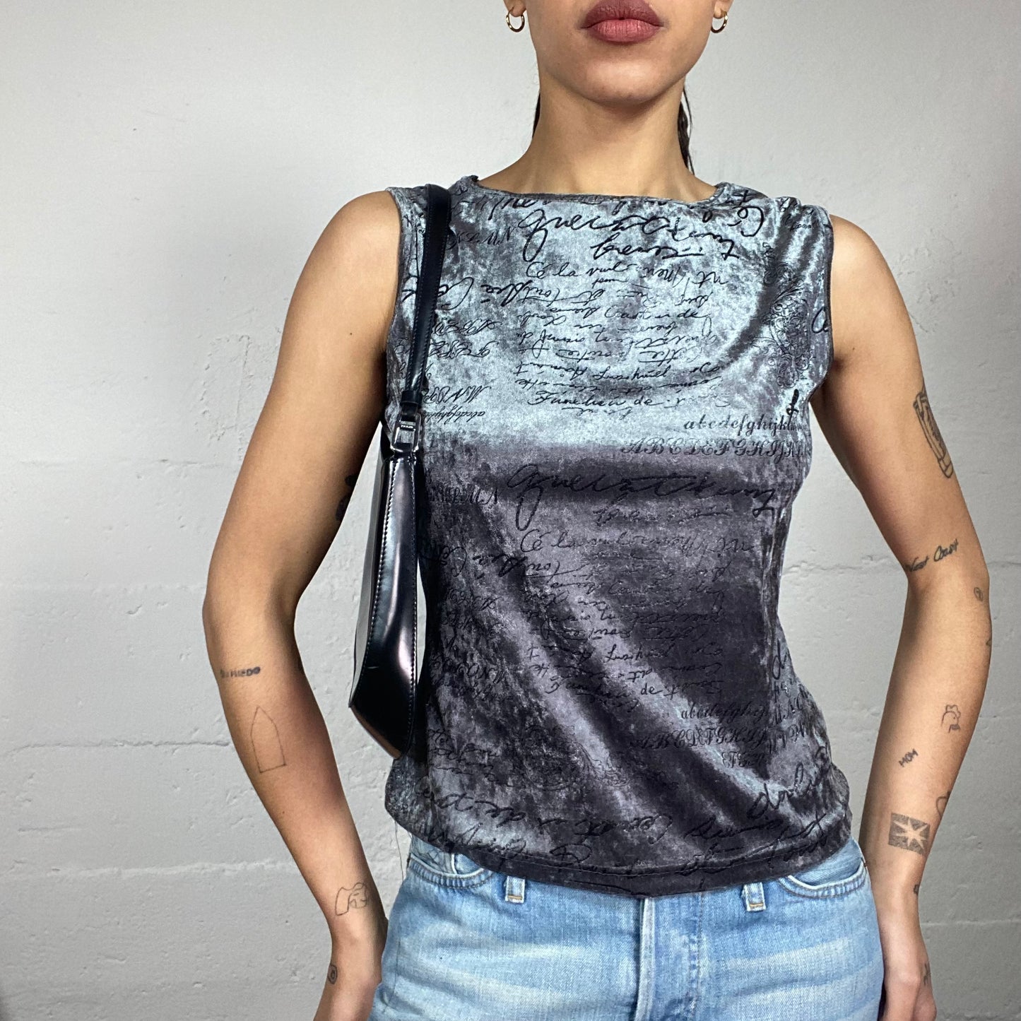 Vintage 2000's Cyber Girl Silver Velvet Top with Black Cursive Typography Print (M)