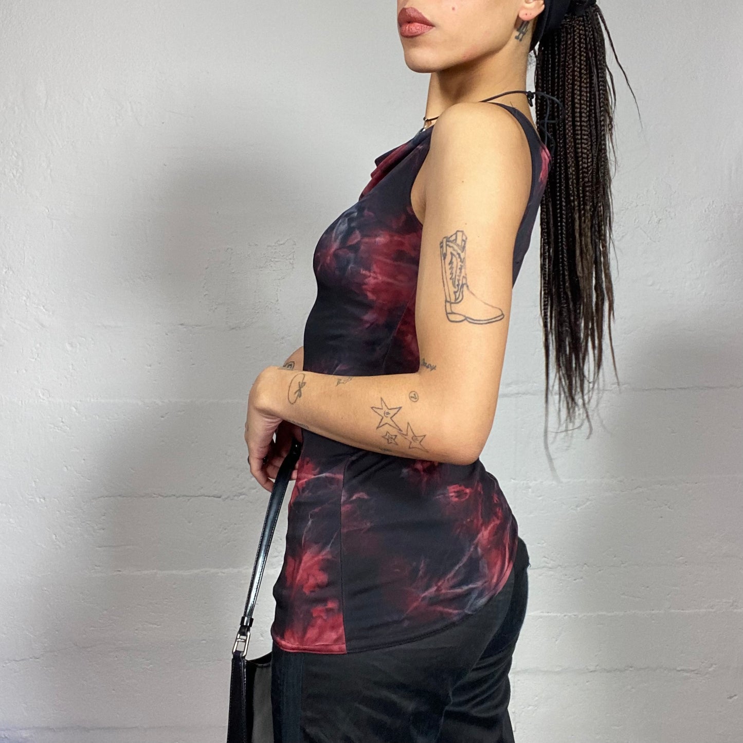 Vintage 90's Whimsigoth Black One Shoulder Top with Red Wavy Tie Dye Print and Asymmetric Cut(S)