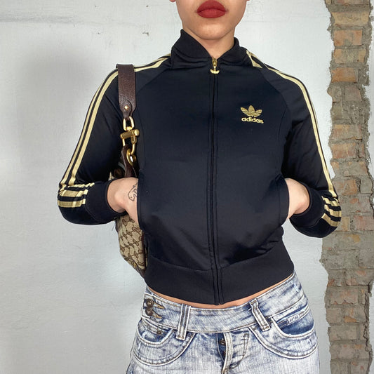 Vintage 2000's Adidas Black Zip Up Sweater with Gold Logo Details (XS)