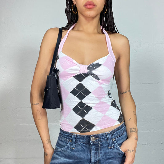Vintage 2000's Clueless Pink Open Back Top with Checkered Diamonds Print (S)
