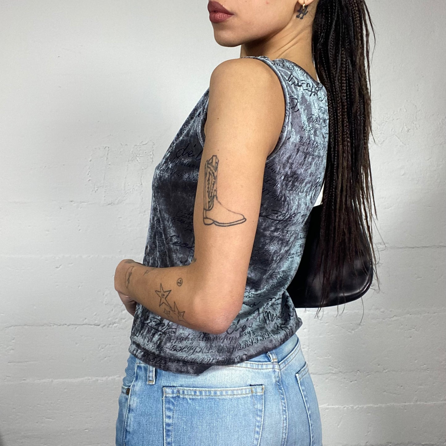 Vintage 2000's Cyber Girl Silver Velvet Top with Black Cursive Typography Print (M)
