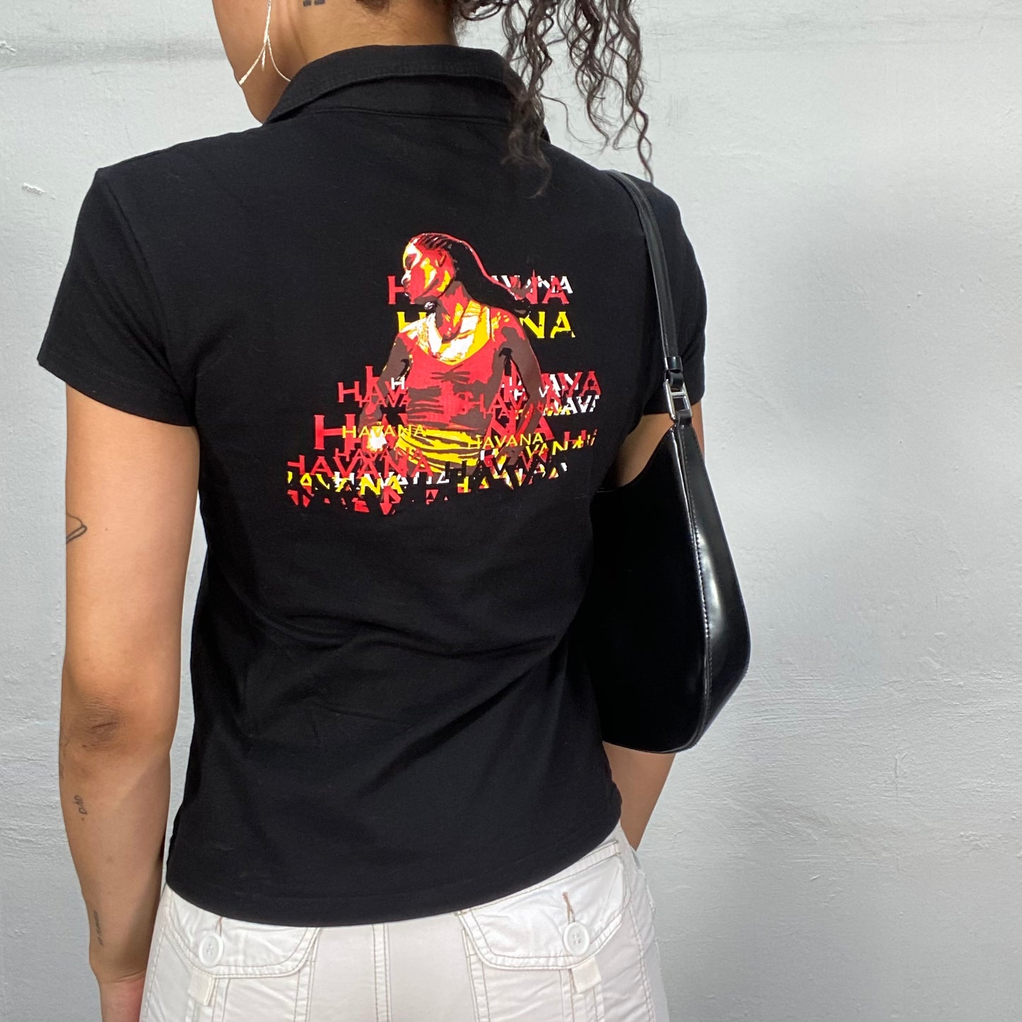 Vintage 2000's Streetwear Black Polo with "Havana Noche" and Girl Print (S)