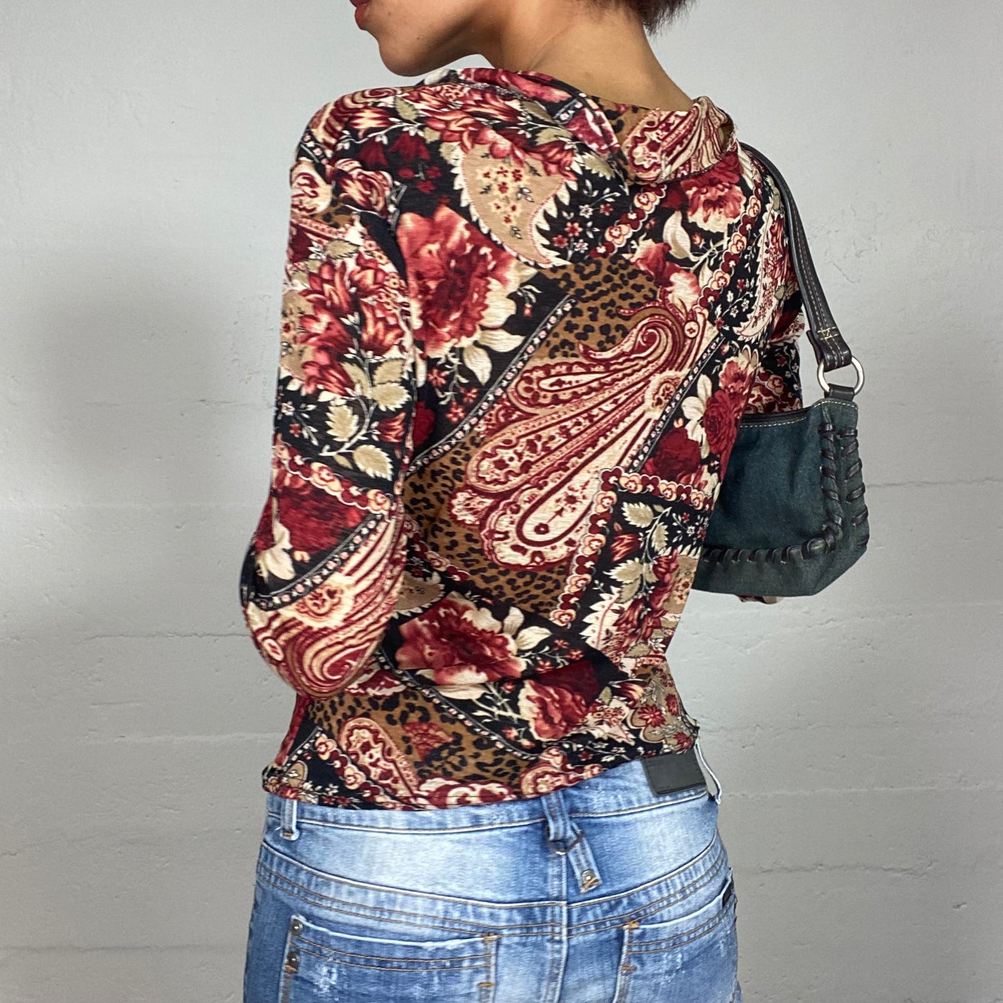Vintage 2000's Hippie Beige Longsleeve Top with Brown and Garnet Floral Print (M)