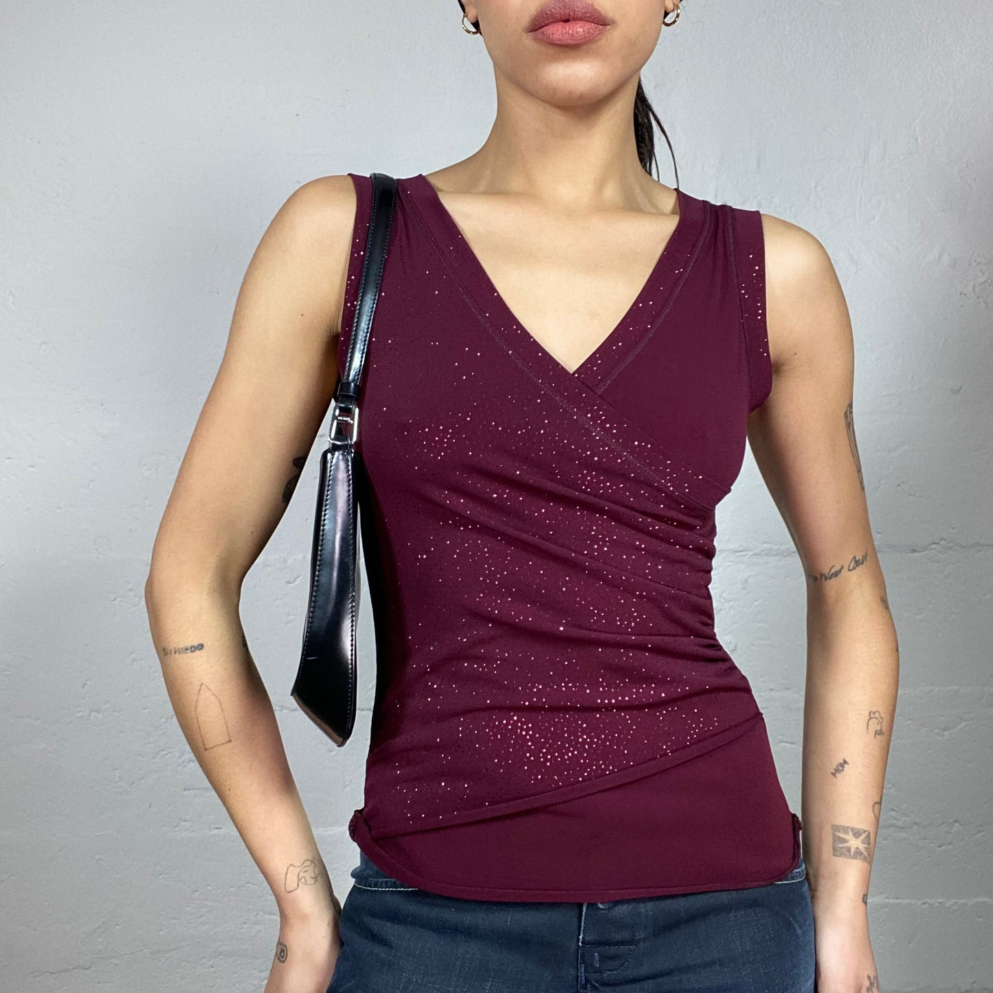 Vintage 2000's Downtown Girl Garnet Wrapped Top with Glitter Detail (S)