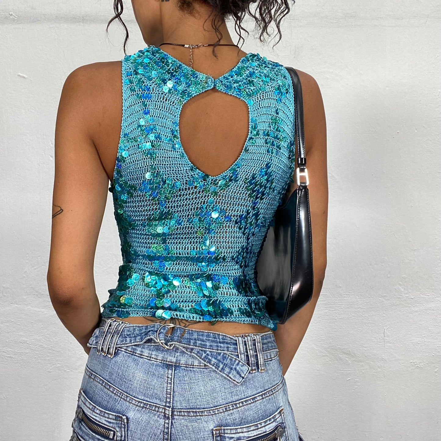 Vintage 2000's Disco Aqua Blue Highneck Crochet Top with Sequins (S)