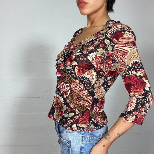 Vintage 2000's Hippie Beige Longsleeve Top with Brown and Garnet Floral Print (M)
