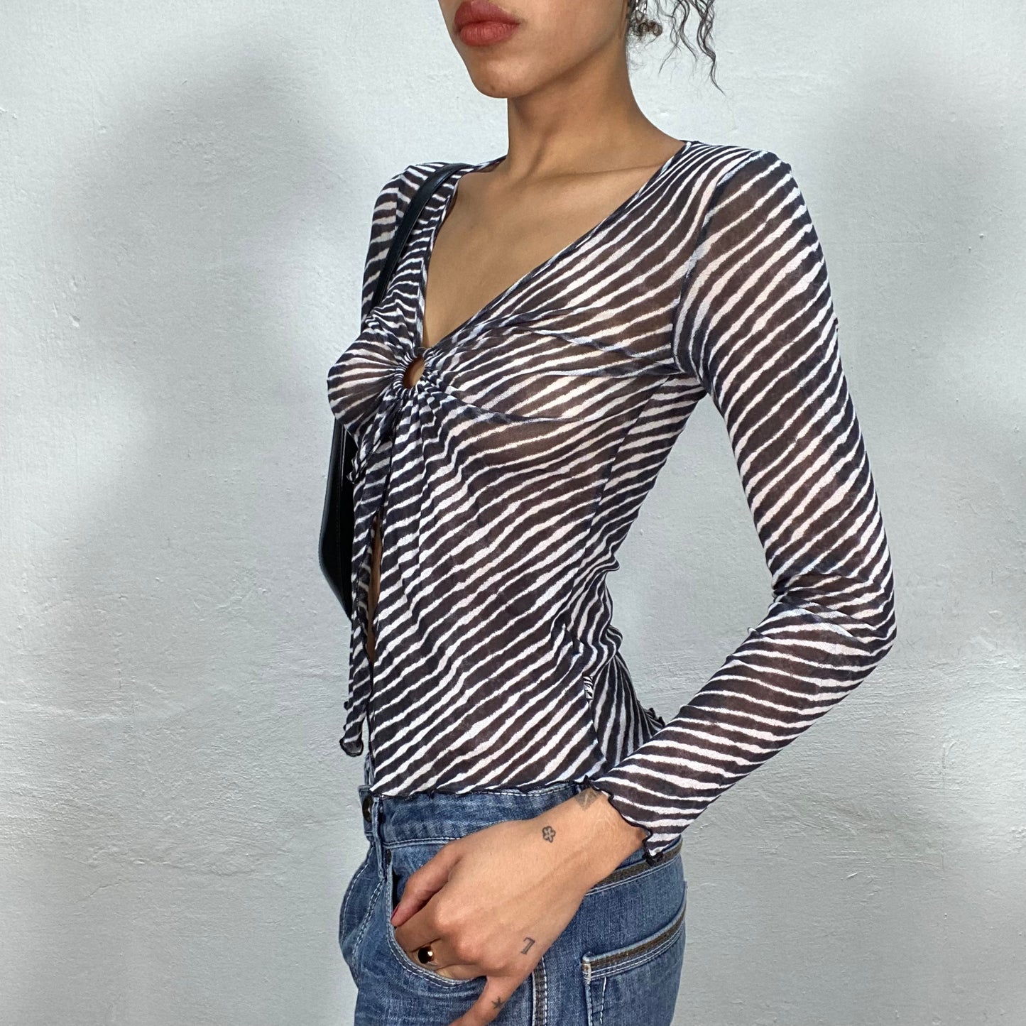 Vintage 90's Downtown Girl Black and White Diagonal Stripe Mesh Blouse with Ring Detail (S)