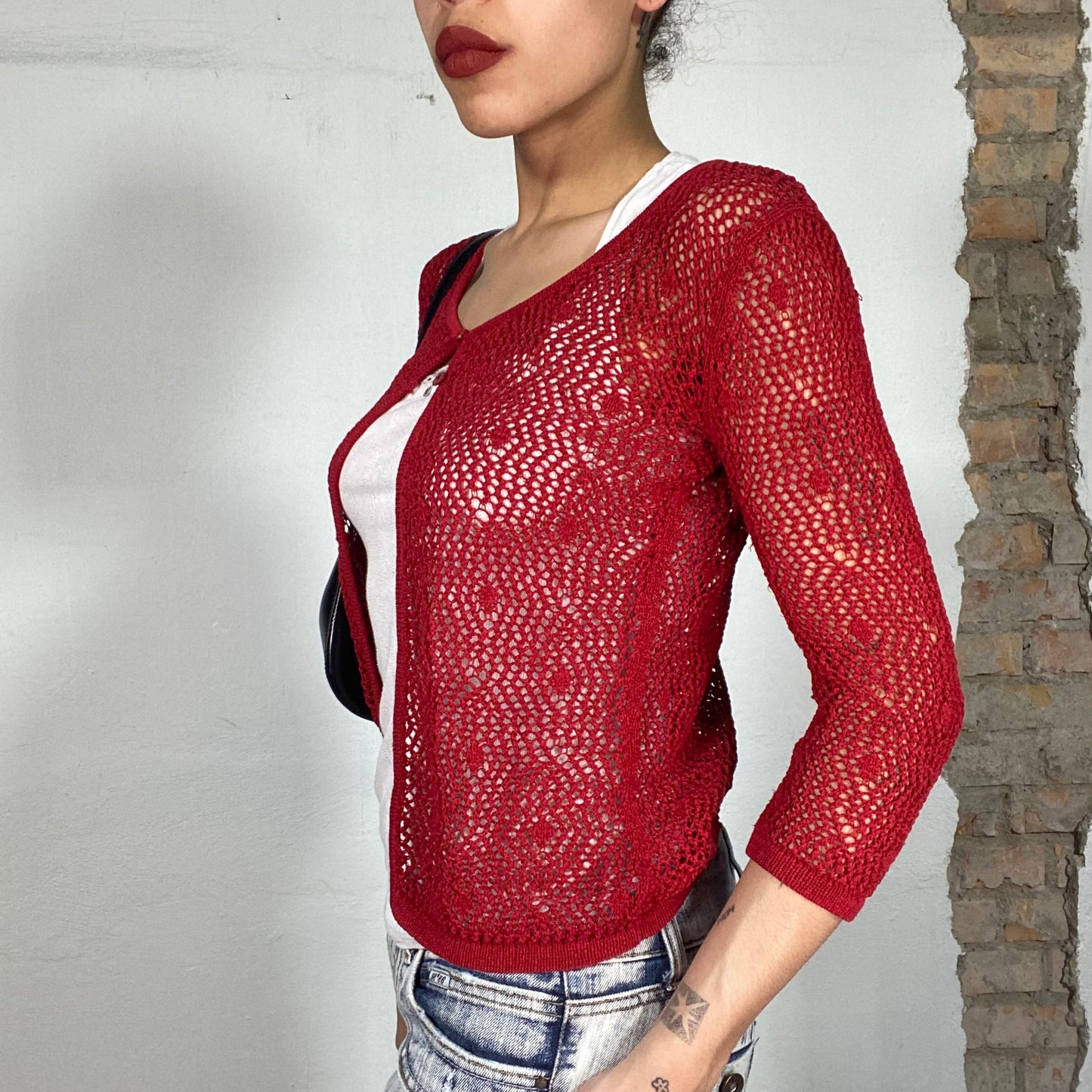 Vintage 90's Hippie Red Crochet Cardigan with Two Buttons (S)