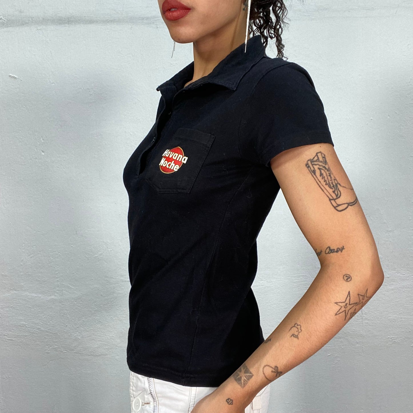 Vintage 2000's Streetwear Black Polo with "Havana Noche" and Girl Print (S)