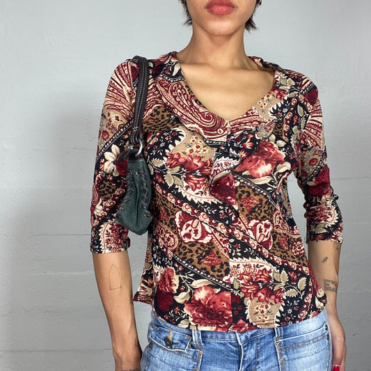 Vintage 2000's Hippie Beige Longsleeve Top with Brown and Garnet Floral Print (M)