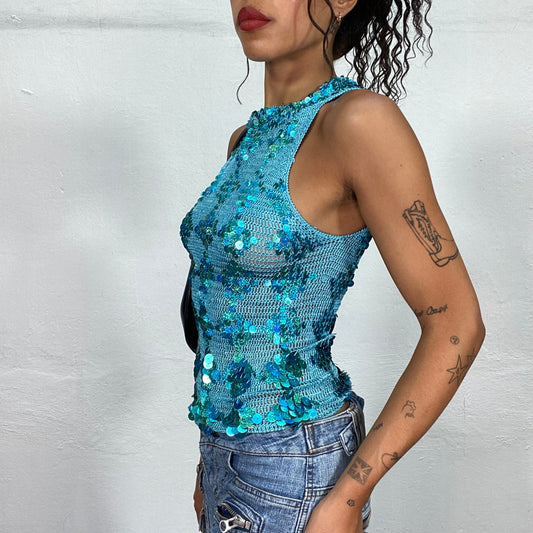 Vintage 2000's Disco Aqua Blue Highneck Crochet Top with Sequins (S)