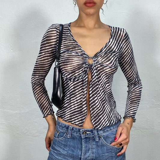 Vintage 90's Downtown Girl Black and White Diagonal Stripe Mesh Blouse with Ring Detail (S)