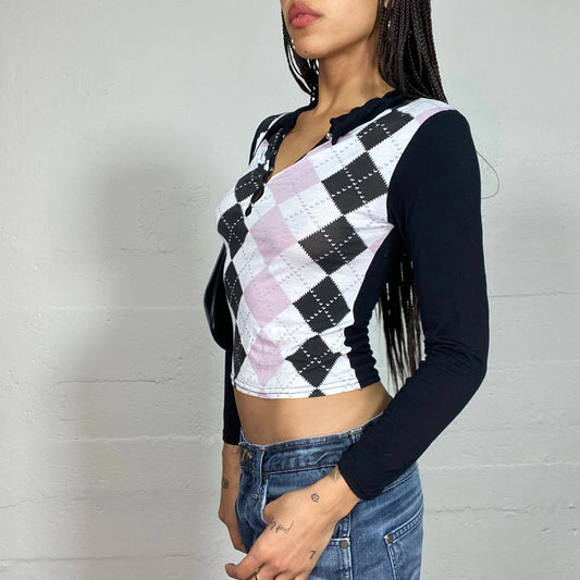 Vintage 2000's Ballet Pink Longsleeve Top with Checkered Diamonds Print und Button Up Detail (S)