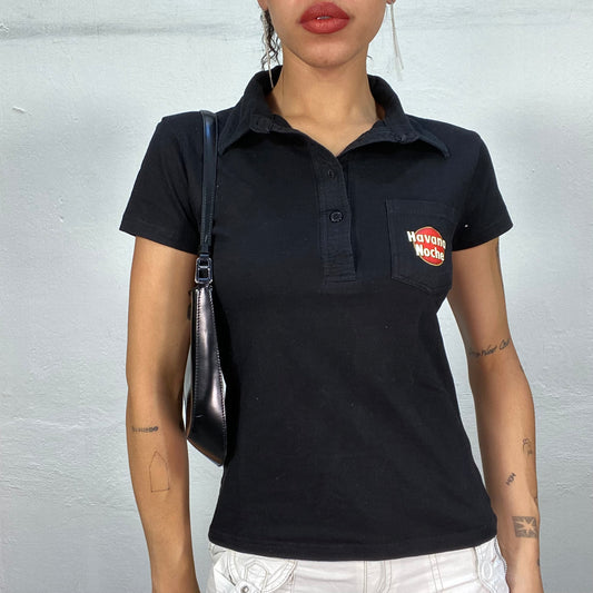 Vintage 2000's Streetwear Black Polo with "Havana Noche" and Girl Print (S)