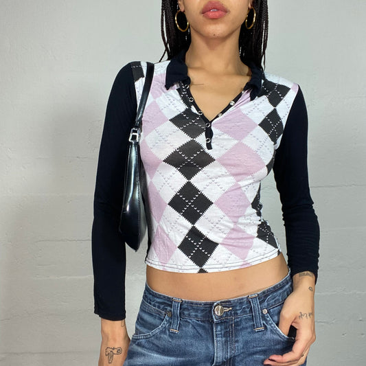 Vintage 2000's Ballet Pink Longsleeve Top with Checkered Diamonds Print und Button Up Detail (S)