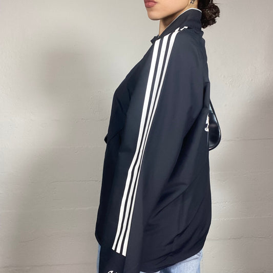 Vintage 2000's Adidas Indie Sleaze Black Double Zip Up Jacket with HIghneck and White Tri-Band Print (M)