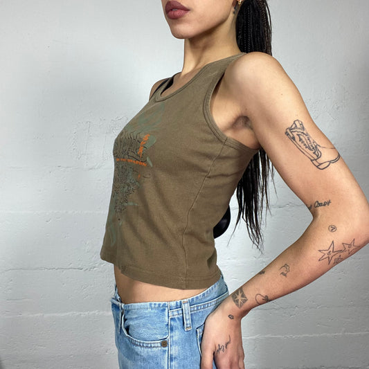 Vintage 2000's Rave Khaki Top with Tribal Print (S)
