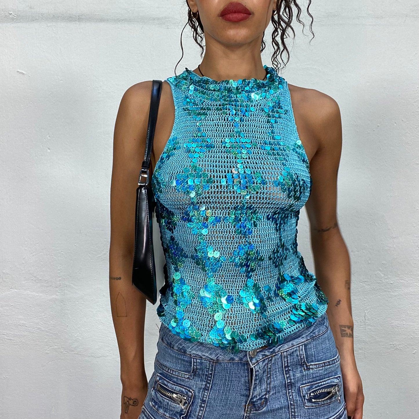 Vintage 2000's Disco Aqua Blue Highneck Crochet Top with Sequins (S)