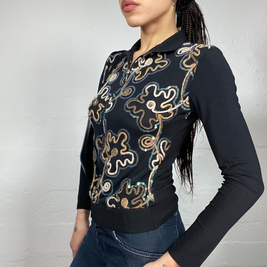 Vintage 2000's Hippie Black Zip Up Sweater with Wool Floral Print with Sequins Detail (S)