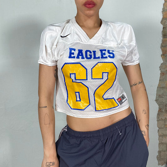 Vintage 2000's Nike White Cropped 'Eagle' Sports Shirt with '62' Print (S)