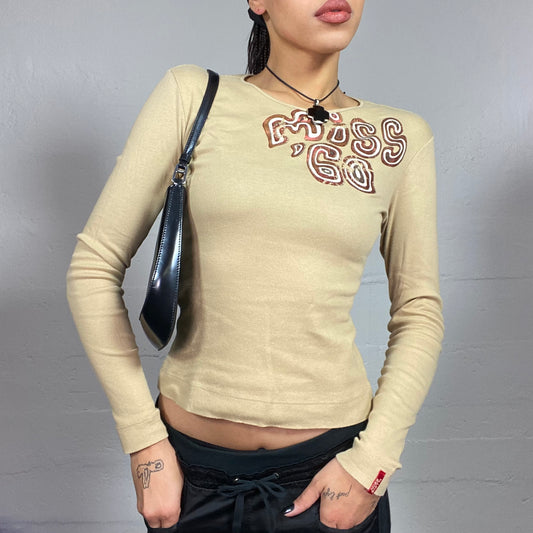 Vintage 2000's Miss Sixty Downtown Girl Beige Longsleeve Top with Wavy Brand Name Print (S)