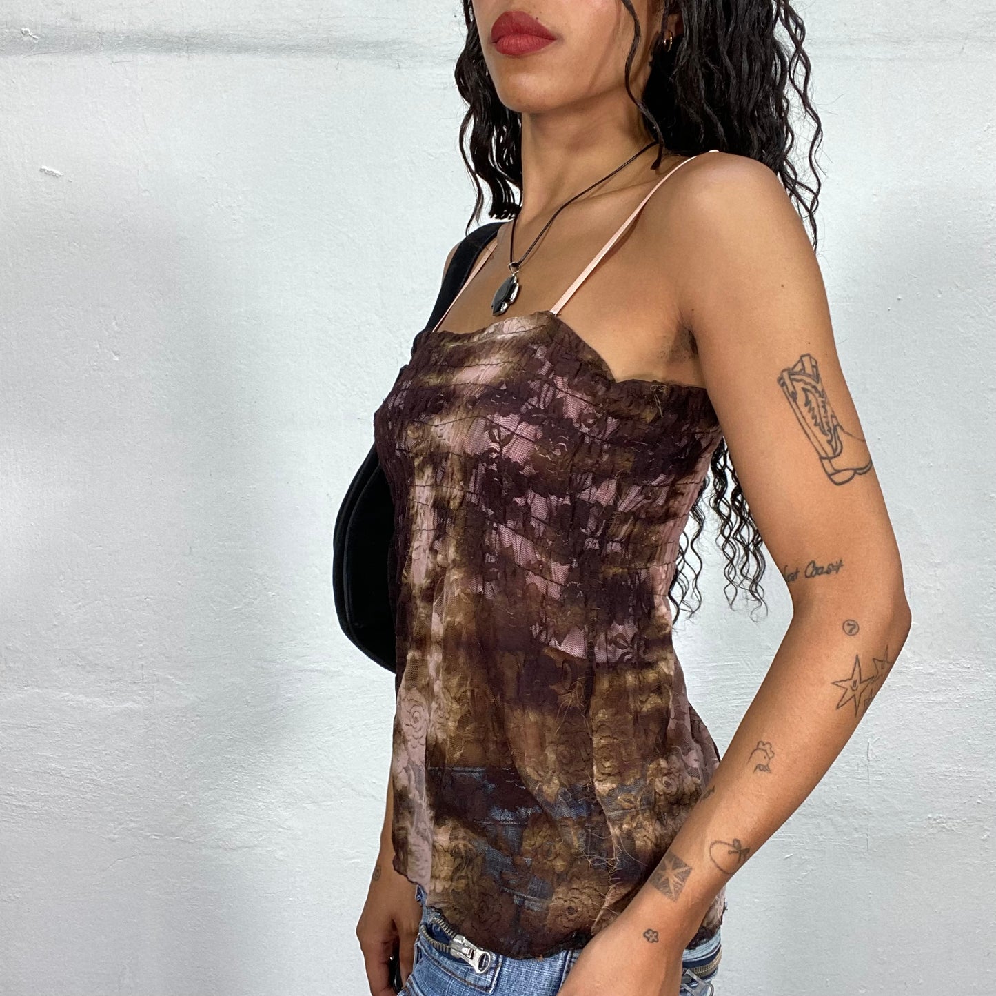 Vintage 90's Boho Brown & Pink Lace Top with Tie Dye Effect (S)