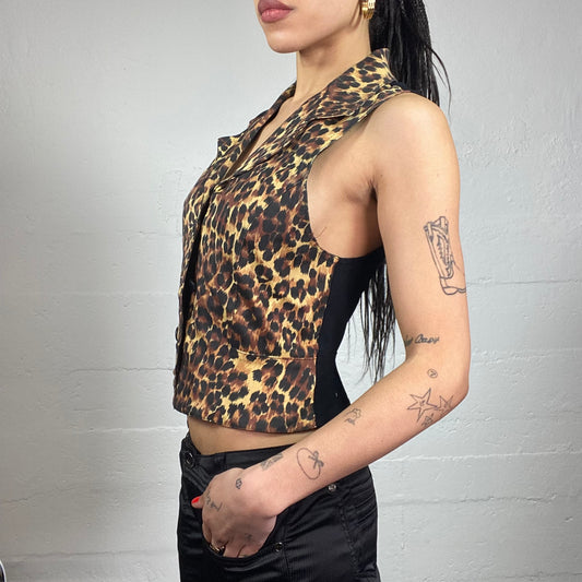 Vintage 2000's Mob Wife Brown Button Up Vest Top with Cheetah Print (S)