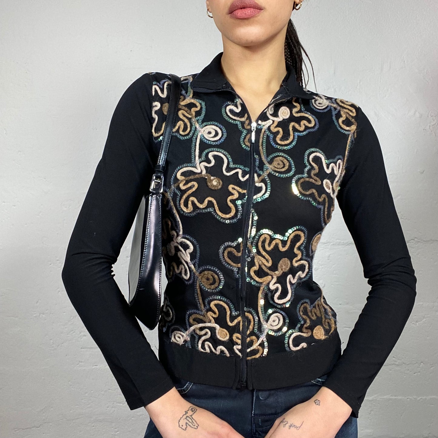 Vintage 2000's Hippie Black Zip Up Sweater with Wool Floral Print with Sequins Detail (S)