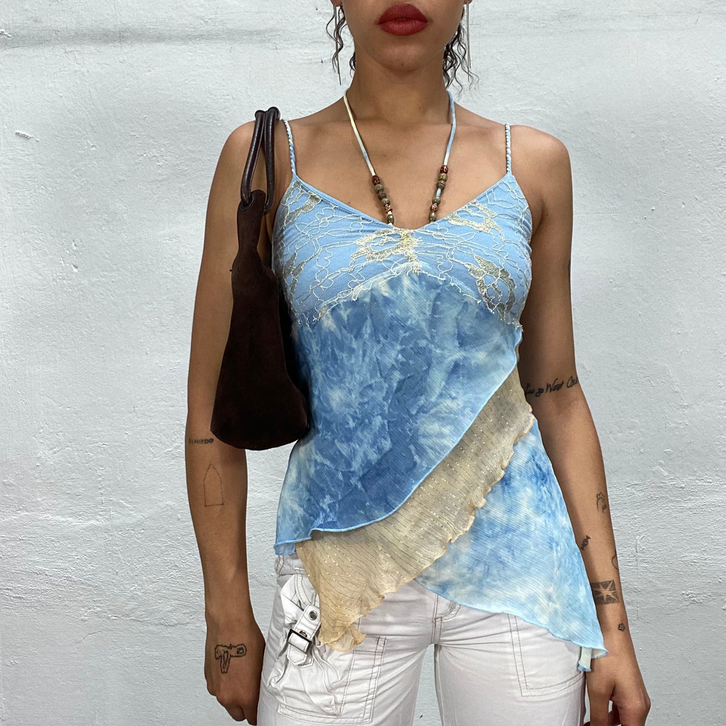 Vintage 90's Indie Blue and Beige Layered Top with Beaded Strap (S)