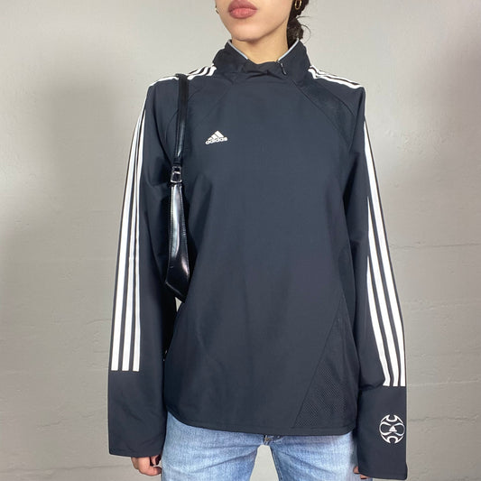 Vintage 2000's Adidas Indie Sleaze Black Double Zip Up Jacket with HIghneck and White Tri-Band Print (M)