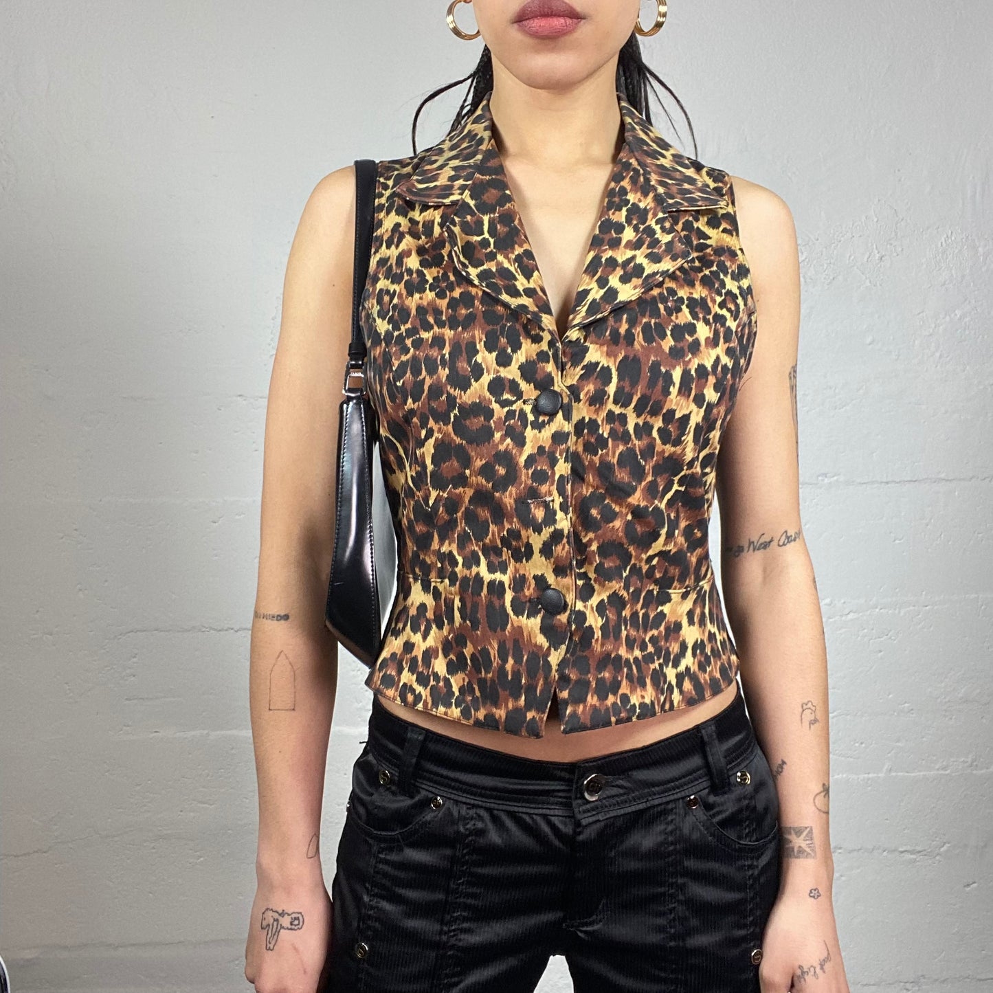 Vintage 2000's Mob Wife Brown Button Up Vest Top with Cheetah Print (S)
