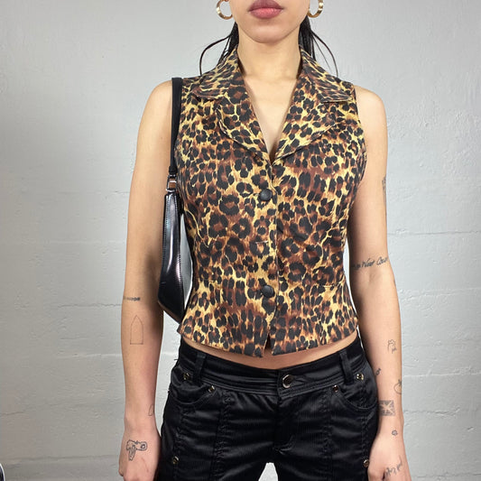 Vintage 2000's Mob Wife Brown Button Up Vest Top with Cheetah Print (S)