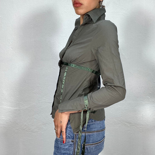 Vintage 90's Downtown Girl Khaki Button Up Blouse with Satin Ribbon Detail (S/M)