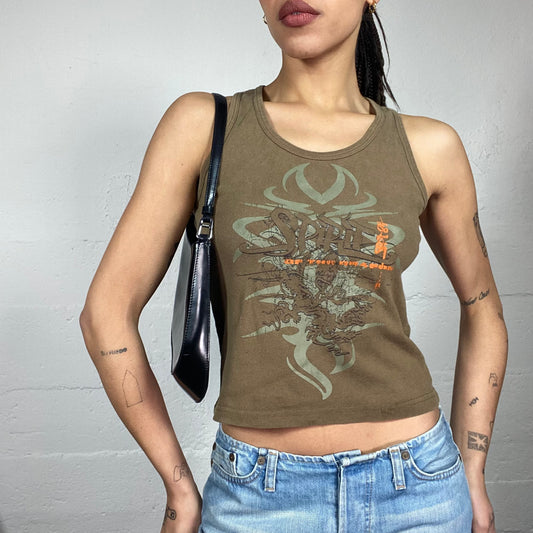 Vintage 2000's Rave Khaki Top with Tribal Print (S)