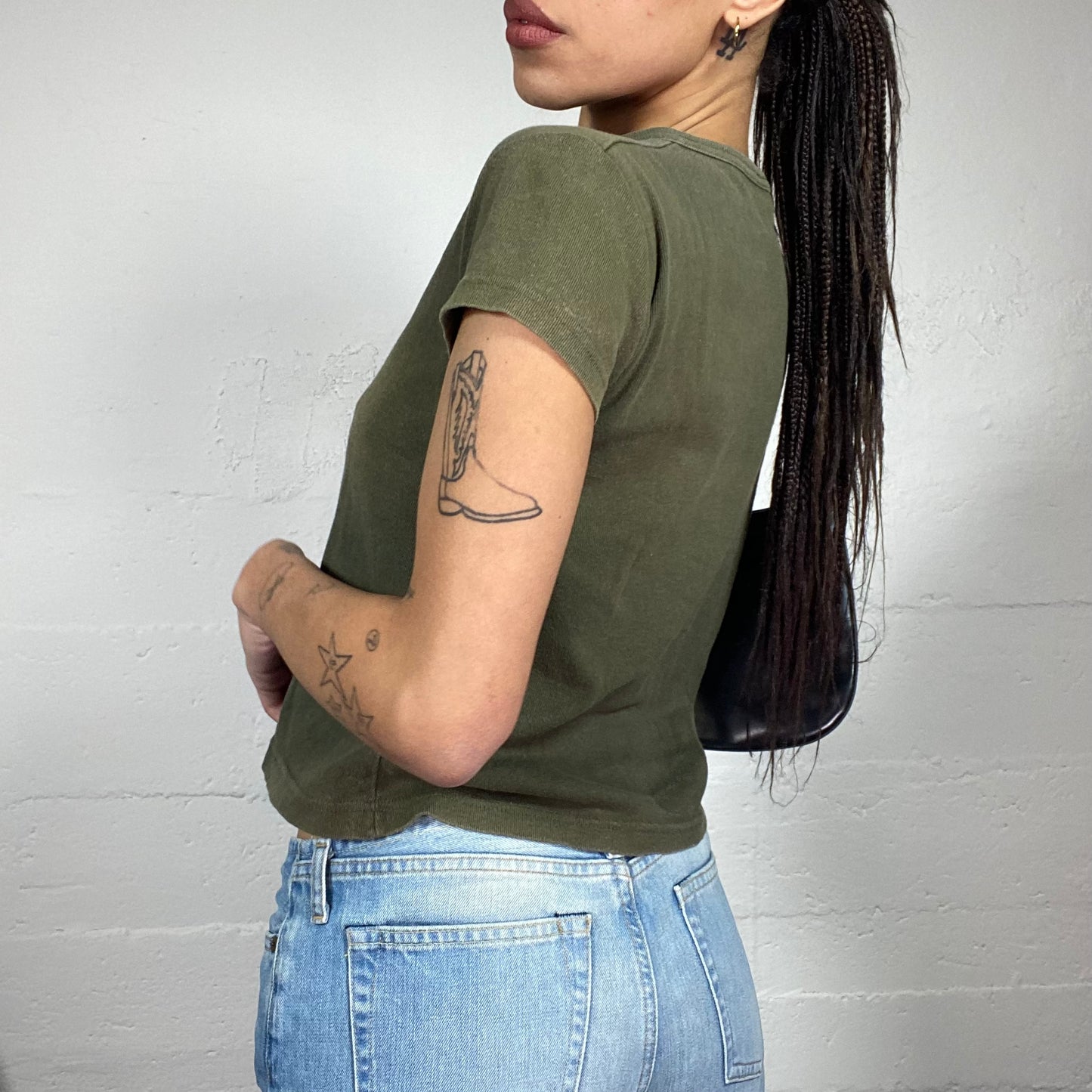 Vintage 2000's Rave Khaki Top with White Star Print (S/M)