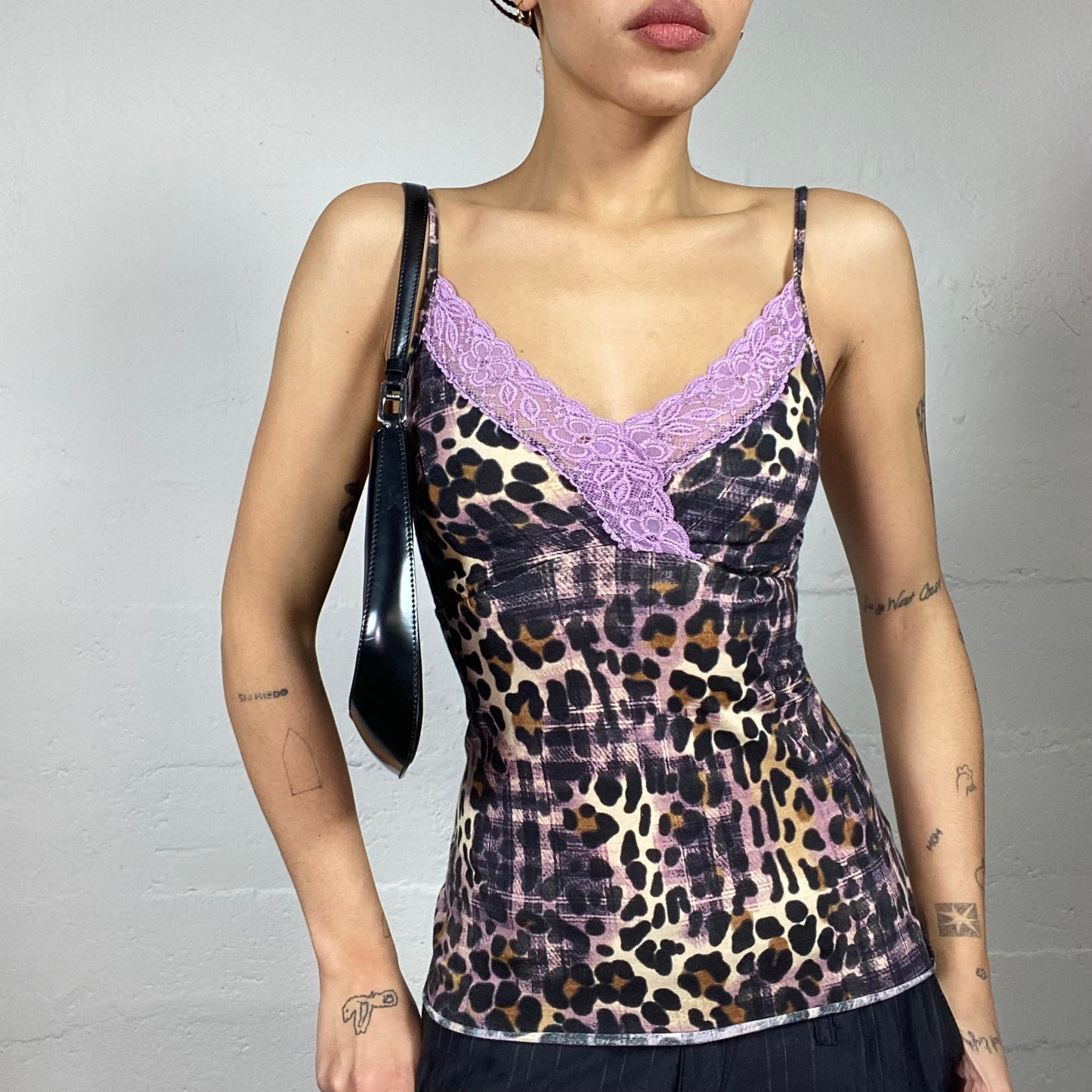 Vintage 90's Janice Brown Cheetah Print Top with Purple Lace Neckline Detail (S)