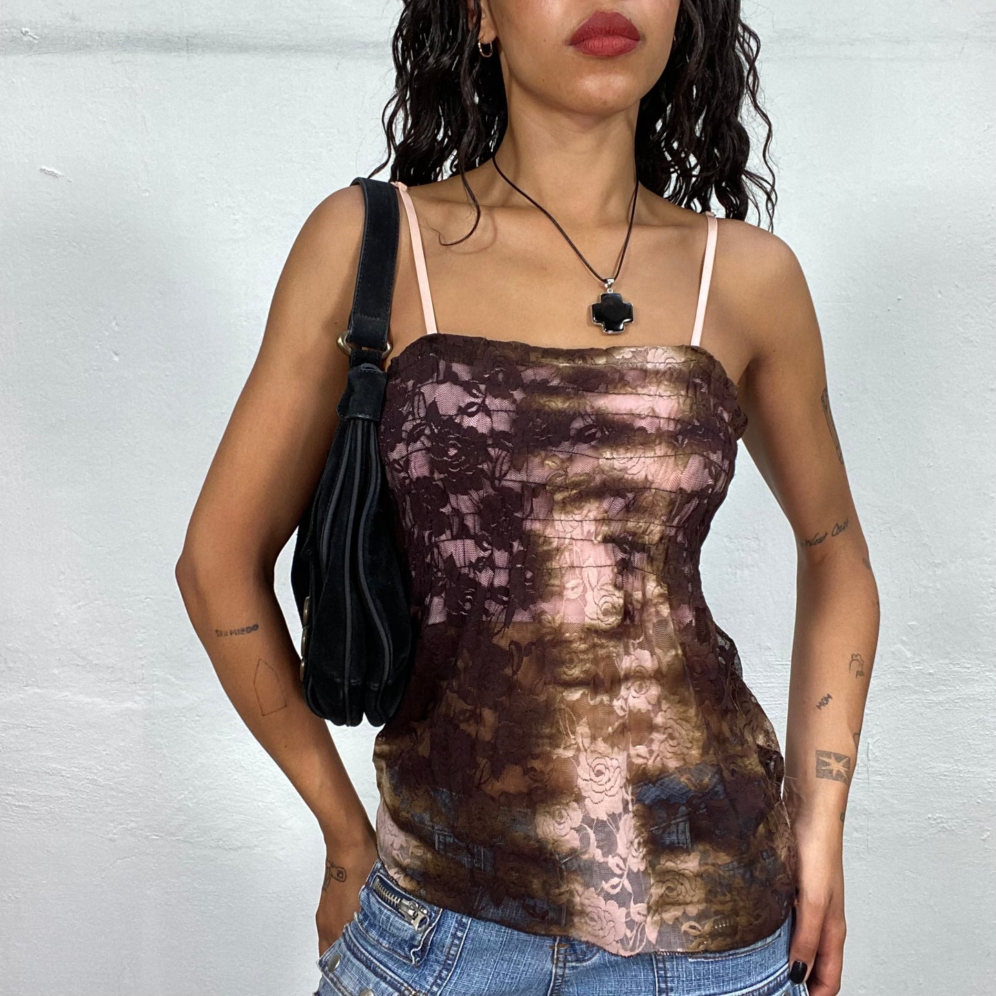 Vintage 90's Boho Brown & Pink Lace Top with Tie Dye Effect (S)