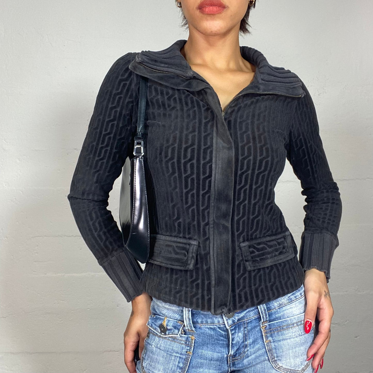 Vintage 2000's Black Zip Up Textured Velours Sweater (S/M)