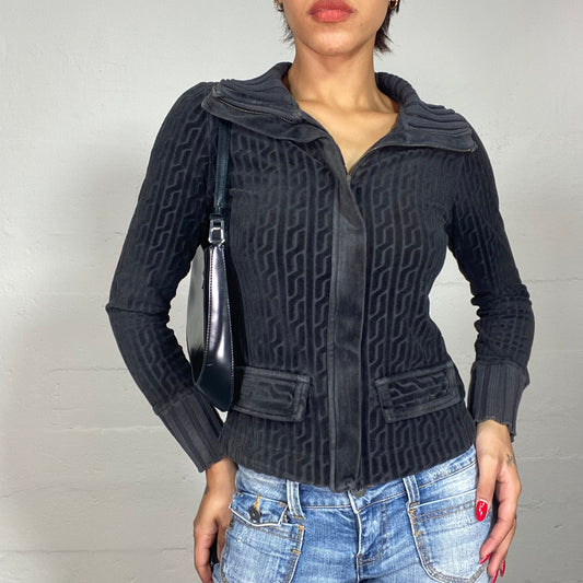 Vintage 2000's Black Zip Up Textured Velours Sweater (S/M)